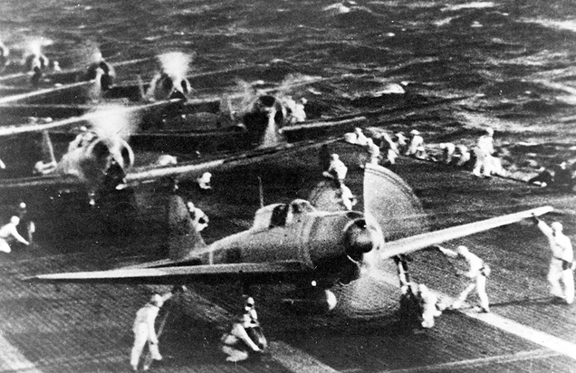 A6M Zeroes preparing to take of from the deck of the carrier ShĹŤkaku to attack Pearl Harbor (National Archives)